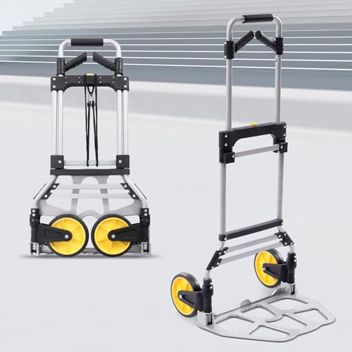 Carretilla de mano plegable, carretilla de transporte de hasta 120 kg, resistente carretilla Dolly con 2 ruedas TPR de 7 pulgadas, carro de mano con mango telescópico