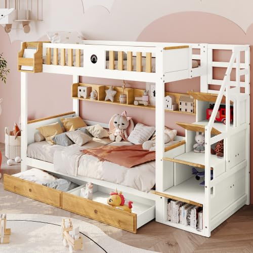 Letto a Castello per Bambini 90 x 200 Con Scala, Capanna Con Ripostiglio, Soppalco a 2 Posti, Barriera e Rete