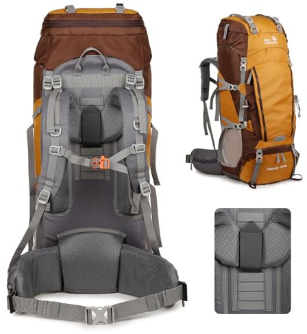 Outplea 75L Groß Wanderrucksack mit Abnehmbarem Rückwand, Trekkingrucksack Camping Rucksack mit Innengestel, Tagesrucksack mit Regenhülle, Reiserucksack für Bergsteigen Radfahren Outdoor, Gelb