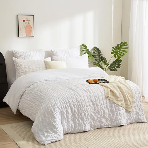 Boqingzhu Seersucker Bettwäsche Set Weiß 135x200cm Atmungsaktiv Kühlend für Sommer Bettbezug & Kissenbezug mit Reißverschluss