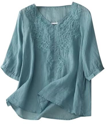 Chemisier Coton et Lin Manches Courtes pour Femme Blouses Ample Col Rond Tunique D'été Bohème Folklore Vintage Broderie Top Hauts Lâche Respirant T-Shirts Grande Taille Pas Cher Tunique Blouse Mode