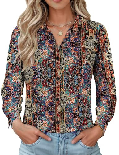 IECCP Blusas para mujer, camisa de vestir de manga larga, básica, ajustada, sin arrugas, formal, con botones, para trabajo, oficina, negocios, casual, para mujer 2025, Bohemia, XL