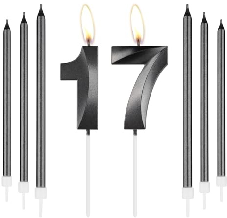 mciskin Obsidian 17:e födelsedagsljus set, nummer 17 ljus med långa tunna ljus för tårta, 17:e födelsedagsdekorationer för pojkar flickor, svart ljus obsidian tårtdekoration för festdekor