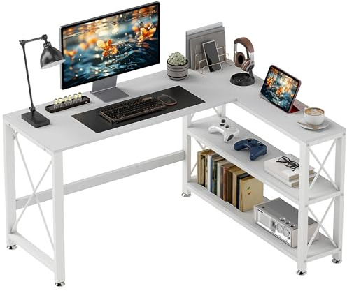 HOMCOM Bureau d'angle modulable réversible, Bureau avec Rangement Style Moderne avec étagère de Rangement, Cadre en métal, Table d'ordinateur pour Petits espaces, Salon, 135 x 110 x 75 cm, Blanc