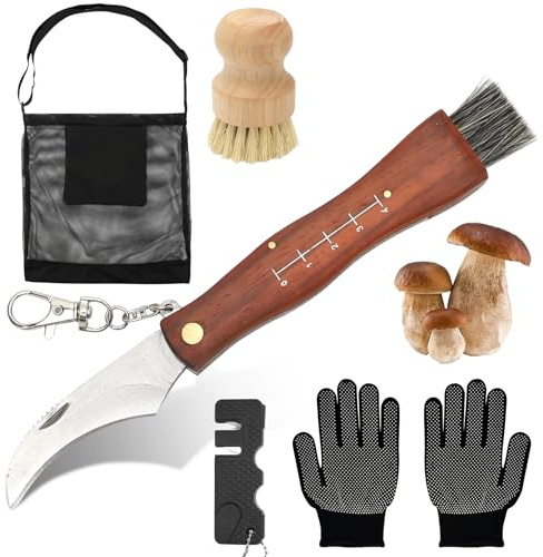 LOMUG Couteau Champignon avec Brosse, Sac de Cueillette de Champignons，Brosse, Aiguiseur Couteaux et 2 Gants, Couteau Mycologique de Poche Pliant, avec Brosse Poil de Sanglier