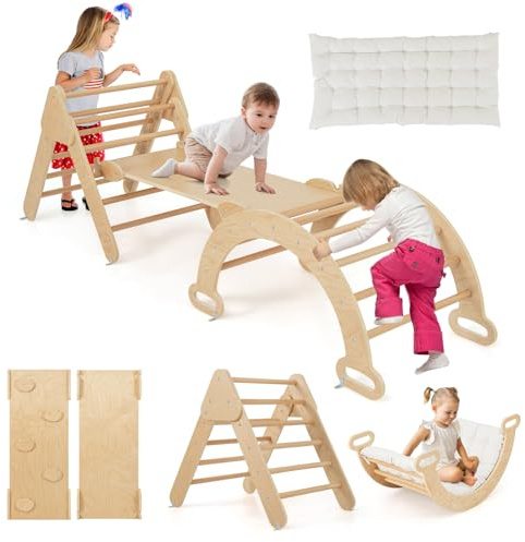 GOPLUS 7 en 1 Triangle Arche Montessori avec Coussin, Arche d'escalade Enfants avec Toboggan Bois,Rampe, Échelle Réglable, Charge 50KG, pour Tout-Petits Bébé 1 Ans+ (7 en 1 + Coussin,Naturel)