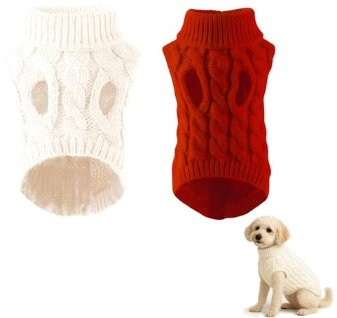 2PCS Dog Jumpers, Dog Jumper, Cozy Knit Sweater for Puppies and Small Breeds, Warm Winter Clothes with Turtleneck (white and red)