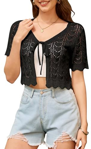 YUURQTY Gilet Femme Court en Tricot Dentelle Chic et Elégant, Cardigan Court Manches Courtes Col en V avec Lien à Nouer Devant, Boléro d'été Léger Crochet pour Robe Mariage Soirée