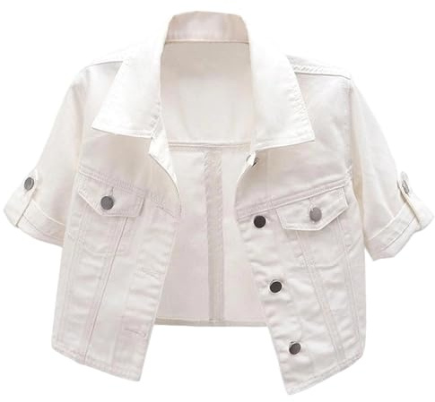 Generisch Giacca corta da donna, in jeans, leggera, cropped, con risvolto, bolero, estiva, a maniche corte, in denim, alla moda, con bottoni, vintage, per il tempo libero