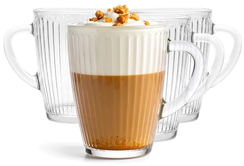 Glasmark KROSNO 1992 glaskoppar set om 4 – 350 ml mugg med handtag och spårstruktur för kaffe, te, juice och vatten