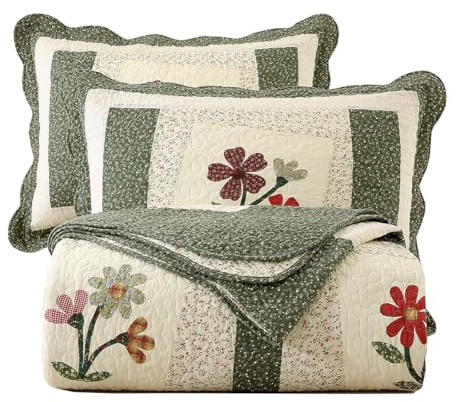 vctops Farmhouse Green 3 Piece Embroidered Floral Quilted Bedspread Quilt Set 100% Cotton Reversible Patchwork Coverlet Set 1 Quilt and 2 Pillow Shams (Green,Queen)