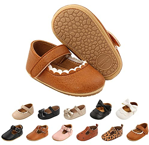 Baby Girls First Walking Shoes Mary Jane PU Leather Anti-Slip Princess Shoes Infant Baby Shoes 0-6 Months,B Brown