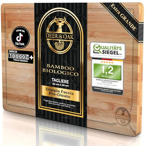 Deer & Oak Tagliere da Cucina in Bambù Premium Premium - 44 x 30 x 2 cm, Tagliere da Cucina Versatile per Carne, Verdure e Pane, in Legno Naturale PreOliato, Resistente e Raffinato