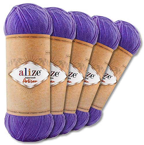 Wohnkult Alize Superwash Artisan - Gomitolo di lana per calze, 5 x 100 g, 16 scelte, a contrasto, per lavorare a maglia (44, viola)