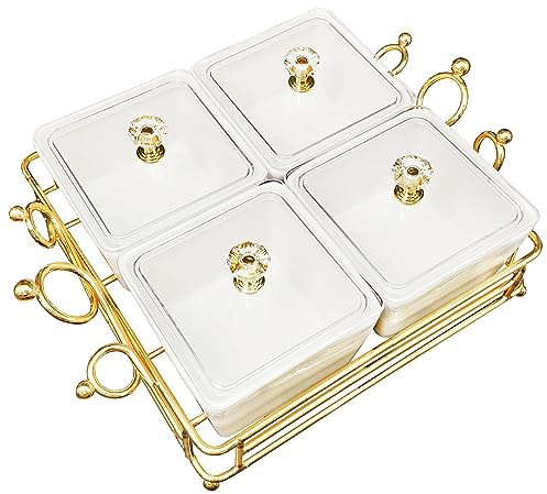 YA JU Den keramiska skålen med metallbricka i lock, 4 avtagbara dippskålar används för förrätt, potatischips, frukt, godis och smaktillsatser – födelsedagsfester, semesterminnen, olika aktiviteter