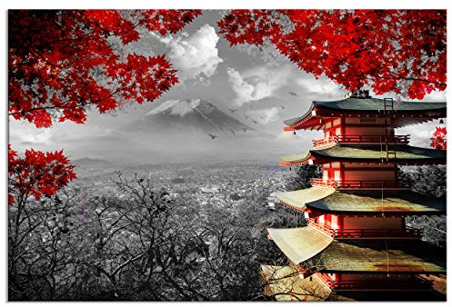 decomonkey - Tableau Acoustique noir et blanc Paysage 120x80 1 Pièce - Impression sur Toile Décoration Déco Bureau Architecture nuages arbres montagnes japon paysage nature panorama