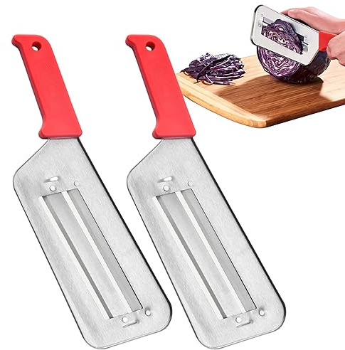 2 PACK Cabbage Chopper Shredder Slicing Cutting Sauerkraut Cutter Grater, Two Sharp Stainless Steel Blades for Sauerkraut Coleslaw Mandoline Slicer with Silicone Finger Grips Peeler
