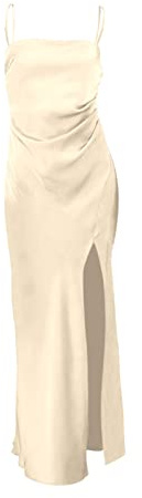 AMDOLE Abiti avvolgenti da donna casual estivi tinta unita sexy slim raso setoso lucido abito con bretelle diviso abito camicia abito con cintura, Giallo, XL
