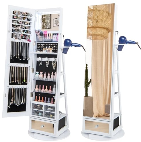 Multigot 3-in-1 Jewellery Cabinet with LED Lights, 360° Swivel Freestanding Jewellery Armoire with Full-Length Mirror and Hairdryer Mount, Lockable Cosmetics Storage Cabinet (White)