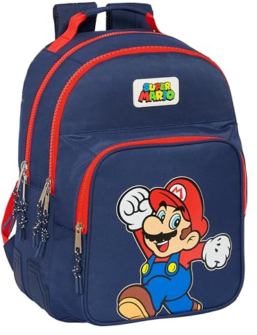SUPER MARIO WORLD - Mochila Escolar Infantil, Ideal para Niños de Diferentes Edades, Cómoda y Versátil, Calidad y Resistencia, 32x15x42 cm, Color Azul marino