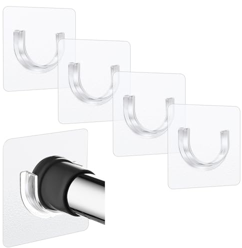 Sibba Shower Rod Holder 4Pcs Sticky Curtain Rod Bracket No Drilling Retainer Clear Tension Hooks Liners Support Mount Sticker Heavy Duty Wall Hold Tool Fit Bathroom Wardrobe