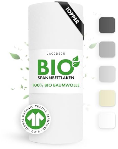 Jacobson Bio Spannbettlaken Topper 180x220cm Baumwolle Spannbettlaken, GOTS zertifiziertes Bettlaken, 160g/m² Jersey Spannbetttuch (Topper 180x220, Weiß)