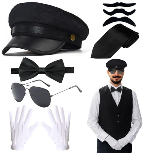 8 Stück Chauffeur Kostüm Zubehör, Neuheit Limousine Chauffeur Kostüm mit Taxifahrer Hut Sonnenbrille Bowtie Handschuhe Fake Schnurrbart für Erwachsene 20er Gangster Mottoparty Cosplay Karneval