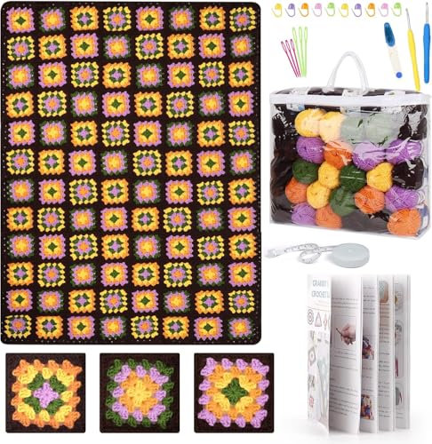 Katech Häkelsets für Anfänger, Häkelnadel 3,5+4,0mm&32 Wolle zum Granny Squares Decke Häkeln, Alles Zubehör zum Häkeln Flauschig & Schön Warm Patchwork Decke 160x90cm, Englisch Häkelbuch, Kaffeebraun