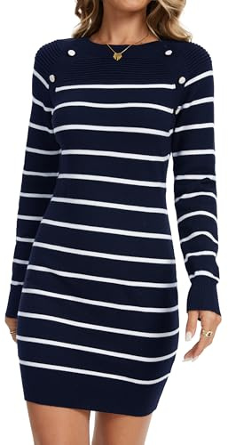 YUTILA Robe en tricot pour femme - Robe pull - Pull - Robe d'hiver couleur unie - Col rond - Mini robe automne hiver - Manches longues, bleu, XL