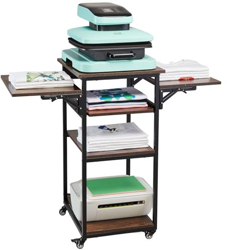 VEVOR Mesa de Prensa de Calor con Estación de Carga, Soporte de Prensa de Calor Móvil de 4 Niveles, Banco de Trabajo de Metal con Ruedas para Máquina de Transferencia de Sublimación, Marrón