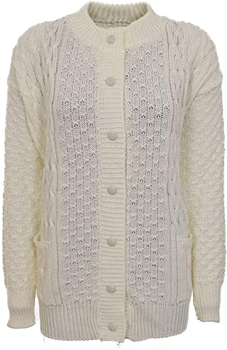 GOSTYLES® Womens Cable Knit Long Sleeve Button-Up Crew Neck Aran Style Sweater Cardigan, Ladies Classic Winter Warm Knitwear 7-Button Cardigan (Cream, XXL)