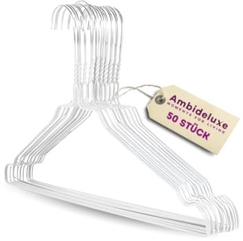 Ambideluxe | 50 Drahtbügel Weiß | Hosenbügel | Metall Kleiderbügel mit Zinkbeschichtung & PE-Ummantelung | Platzsparende & langlebige Drahtkleiderbügel | Für Schrank, Garderobe & Wäscherei