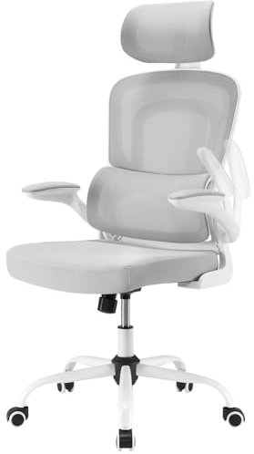 Sunon Ergonomischer Stuhl Büro Computer Stuhl mit Rollen Schreibtisch für Bequemer Home Office Höhenverstellbar Chefsessel Bürostuhl mit Kopfstütze, Grauweiß