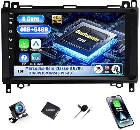 SIXWIN 2-DIN Android 15-bilradio med Qualcomm 8-kärnig processor,4 GB RAM + 64 GB | 9-tums pekskärm | Apple CarPlay och Android Auto | WiFi,GPS,Bluetooth,FM och RDS | Mercedes W169,W245,B160,Vito