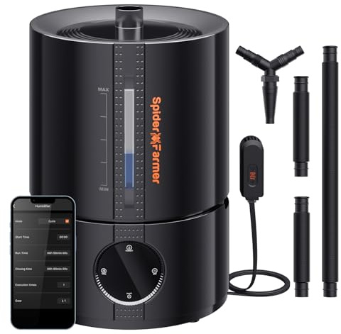Spider Farmer New 450ml/h Humidifier for Plants Grow Tent Large Room, GGS Smart Customized Humidity Control Cool Mist with Extendable Targeting Hose and Temp & Humidity Probe Indoor Black 5L (Upgrade)
