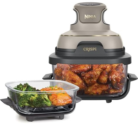 NINJA CRISPi Air Fryer Design Compact, 2 Capacités Interchangeables en Verre avec Couvercles, Capacité 3,8L ou 1,4L, 4-en-1, Pièces Amovibles lavables au lave-vaisselle, Stone/Or FN101EUSTGD