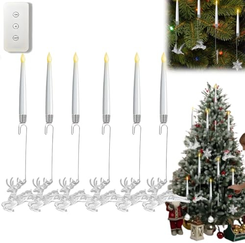 Lot de 6 bougies LED pour sapin de Noël avec crochets en cristal transparent – Bougies coniques sans flamme vacillantes à piles pour les vacances, la maison et la décoration de fête