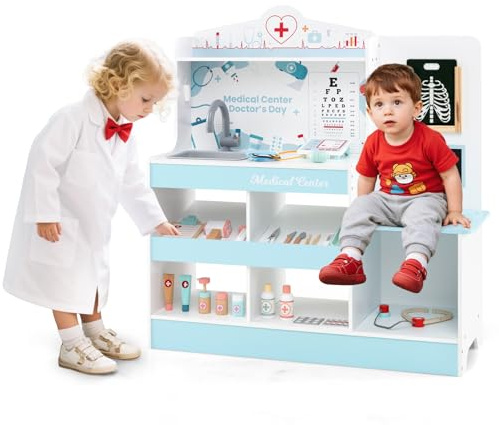 HOMASIS Arzt-Set aus Holz, Arzt-Set für Kinder mit Waschbecken, Sichtprüfung, Elektrokardiogramm, Uhr und Röntgenaufnahme, Krankenschwester-Spiel für Kinder ab 3 Jahren (Blau)