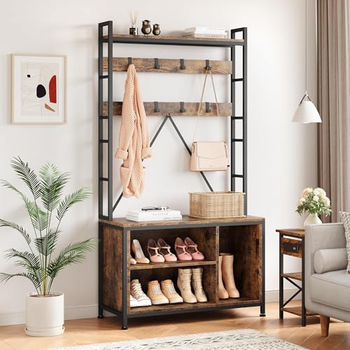 Garvee Perchero de Pie, Perchero Zapatero, Mueble de Entrada Industrial de Madera y Metal, Organizador con Estante y Ganchos, para Salón, Dormitorio y Pasillo, 93×35×178 cm (Retro)