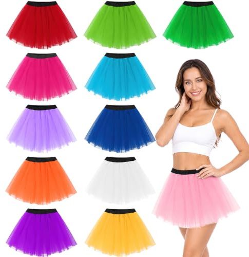 12 Pack Tutu Skirts for Women, 4 Layer Tulle, Multicoloured Adult Tutus