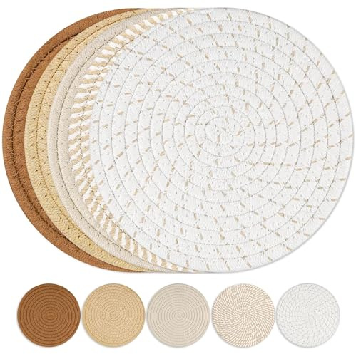 VIVIIHOO Set di 5 Sottopentola Rotondi, 20 cm, in Feltro Termoresistente per Pentole Calde, Teiere e Piatti, Sottovaso Intrecciato in Cotone per Tavola, Rotondi, per Cucina