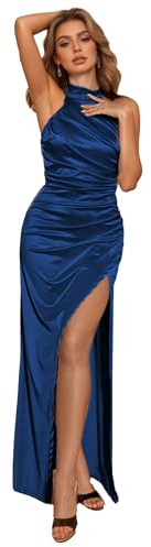 Zeflows Womens Satin Halter Side Slit Backless Evening Dress Ruching Mermaid Formal Prom Long Elegant Dress, Navy Blue-XL
