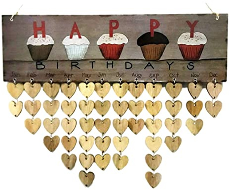 Calendario de cumpleaños familiar para colgar en la pared, placa recordatoria de cumpleaños de madera con decoración colgante de corazón