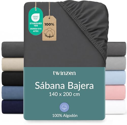 Twinzen Sabanas 140x200 / 140x190 cm - 100% Jersey Algodon, Gris Oscuro - Oeko-Tex Certificado - Sabana Bajera 140 x 200