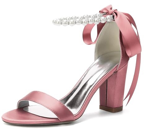 Genérico Mujer Cordones Sandalias De Boda Punta Abierta Satén Zapatos Nupciales con Perlas Tacón Grueso Alto Zapatos De Vestir De Fiesta De Graduación,Rosado,39 EU