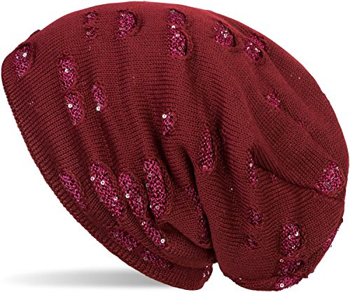 styleBREAKER Beanie för dam med paljetter,Bordeaux-Röd