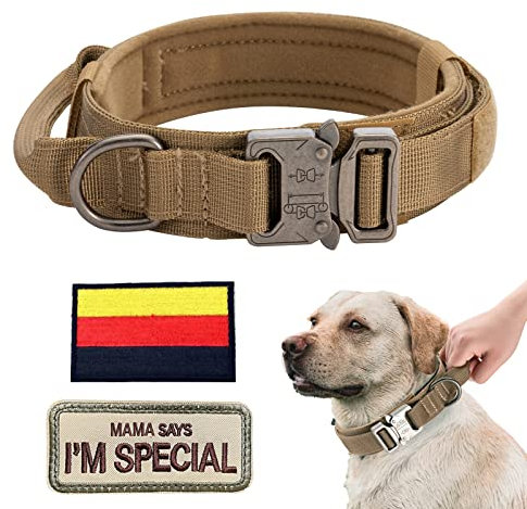 Eeyfarog Hundehalsband Verstellbar mit Kontrollgriff, Taktisch Halsband Nylon, Hunde Halsband Gepolstert, Metallschnalle, für Mittlere Große Hunde Jagd Training Outdoor, Braun M Breit