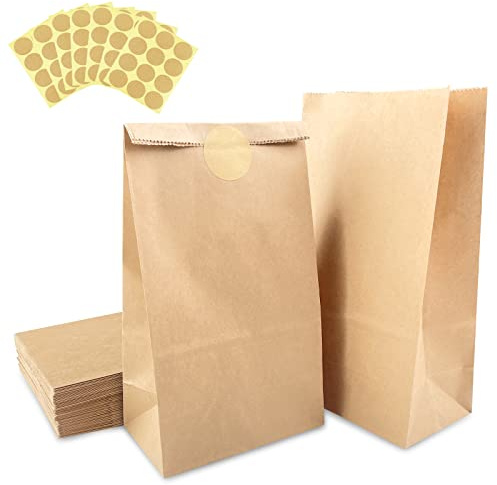 Fousenuk 50 stycken papperspåsar bruna 13 x 8 x 24 cm, presentpåsar papper med 84 klistermärken, smörgåsar, papperspåsar, kraftpapperspåsar för fyllning presentförpackning, bröd, kex, godis