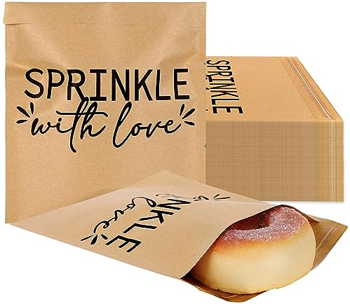 AnyDesign 100 Pack Donut Candy Buffet Bags Self-Adhesive Sprinkle with Love Kraft Paper Treat Bags Natural Brown Cookie Snack Bag for Baby Shower Doughnut Time Supplies