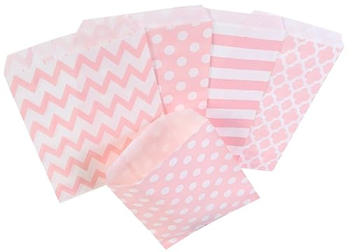 Healeved 48pezzi Sacchetti Di Carta Per Caramelle Pois Strisce e Chevron Mix Sacchetti Rosa Per Regali e Feste Per Candy Bar Compleanni e Bomboniere Matrimonio